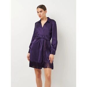 Zara Womens Satin Mini Fringe Dress Wrap Size S Purple Long Sleeve 2081/845 NWT